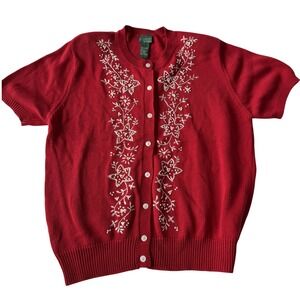 Vintage Country Classics Koret Cardigan Women L Red Embroidered Short Sleeve